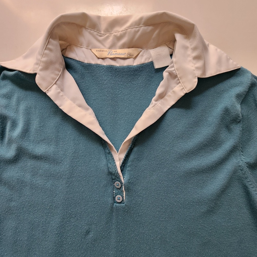 VTG PENMANS Shirt Sweater Womens Plus Size 2X White Collar Attached Blue Polo - Picture 9 of 16